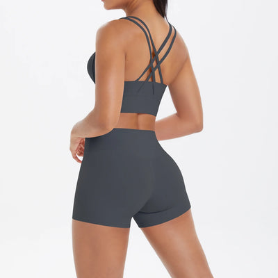 2PCS Yoga Suit Sports Set Fitness Shock-absorbing Cross Shoulder Straps Quick Drying Sport Brassiere Cycling Workout Gym Shorts