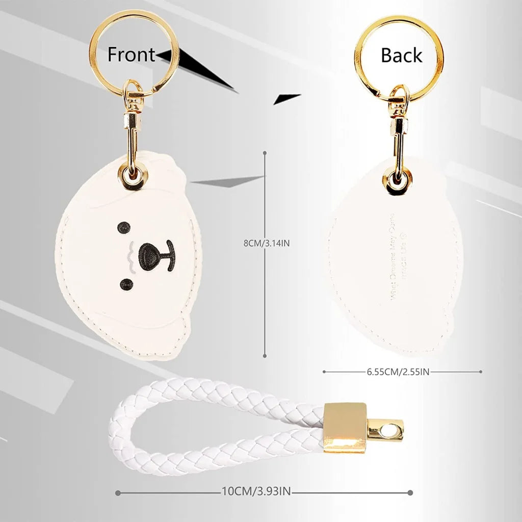 White leather AirTag keychain holder with gold hardware and hand straps
