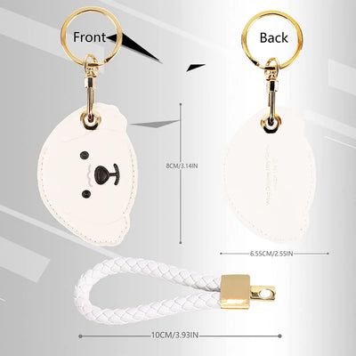 White leather AirTag keychain holder with gold hardware and hand straps