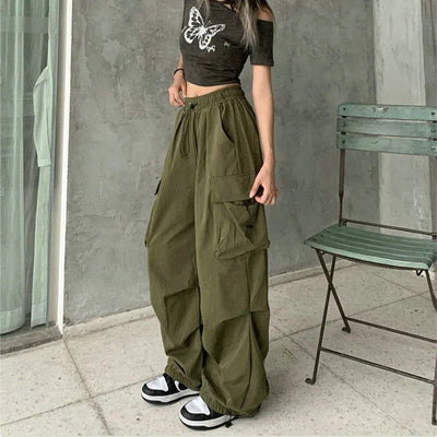 Women Casual Cargo Pant Solid Low Waist Drawstring Big Pockets