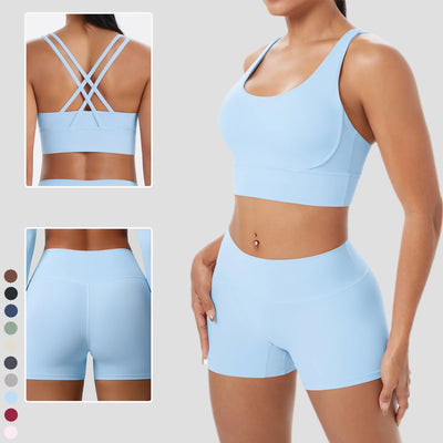 2PCS Yoga Suit Sports Set Fitness Shock-absorbing Cross Shoulder Straps Quick Drying Sport Brassiere Cycling Workout Gym Shorts