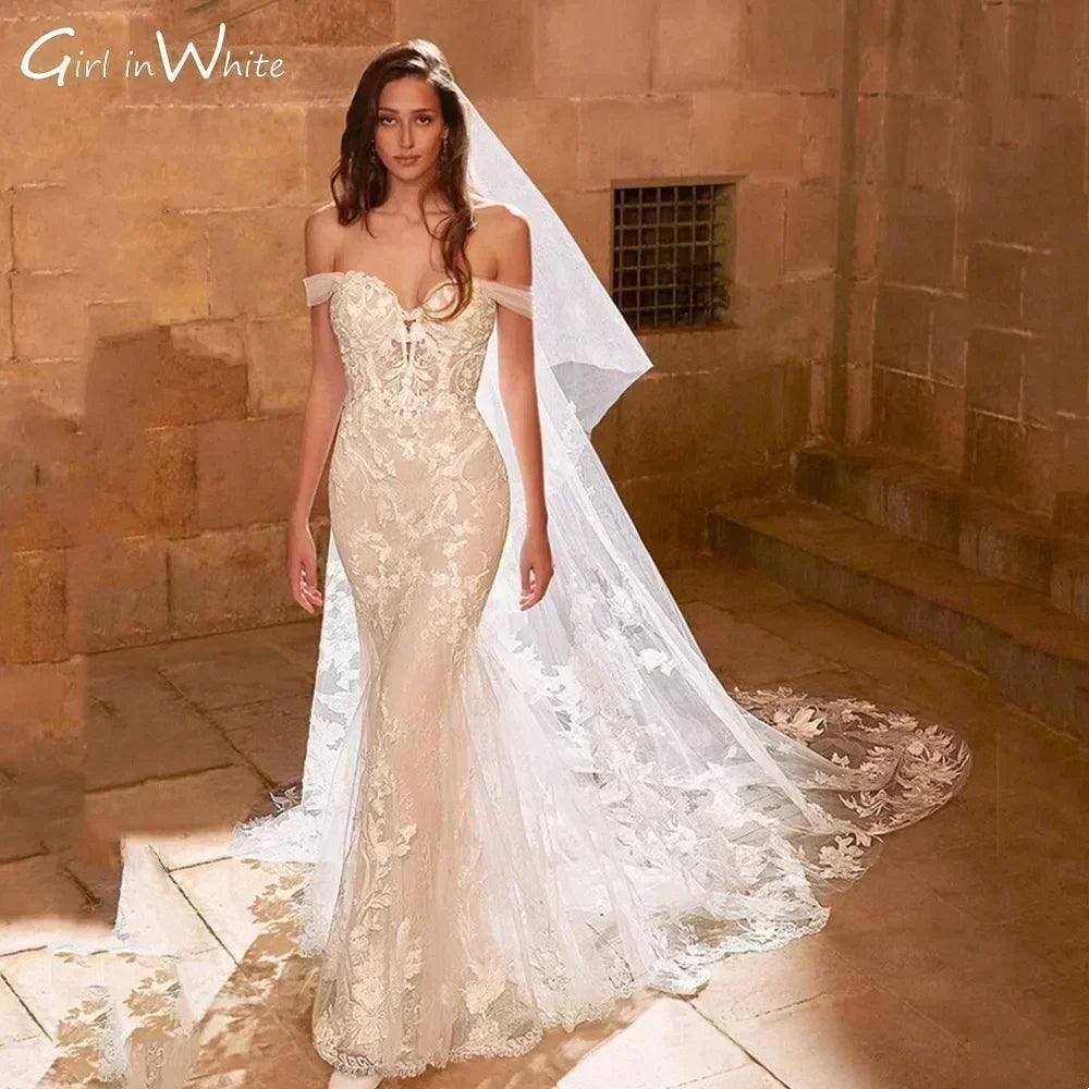 Off the shoulder mermaid wedding dress lace gown backless bride robe