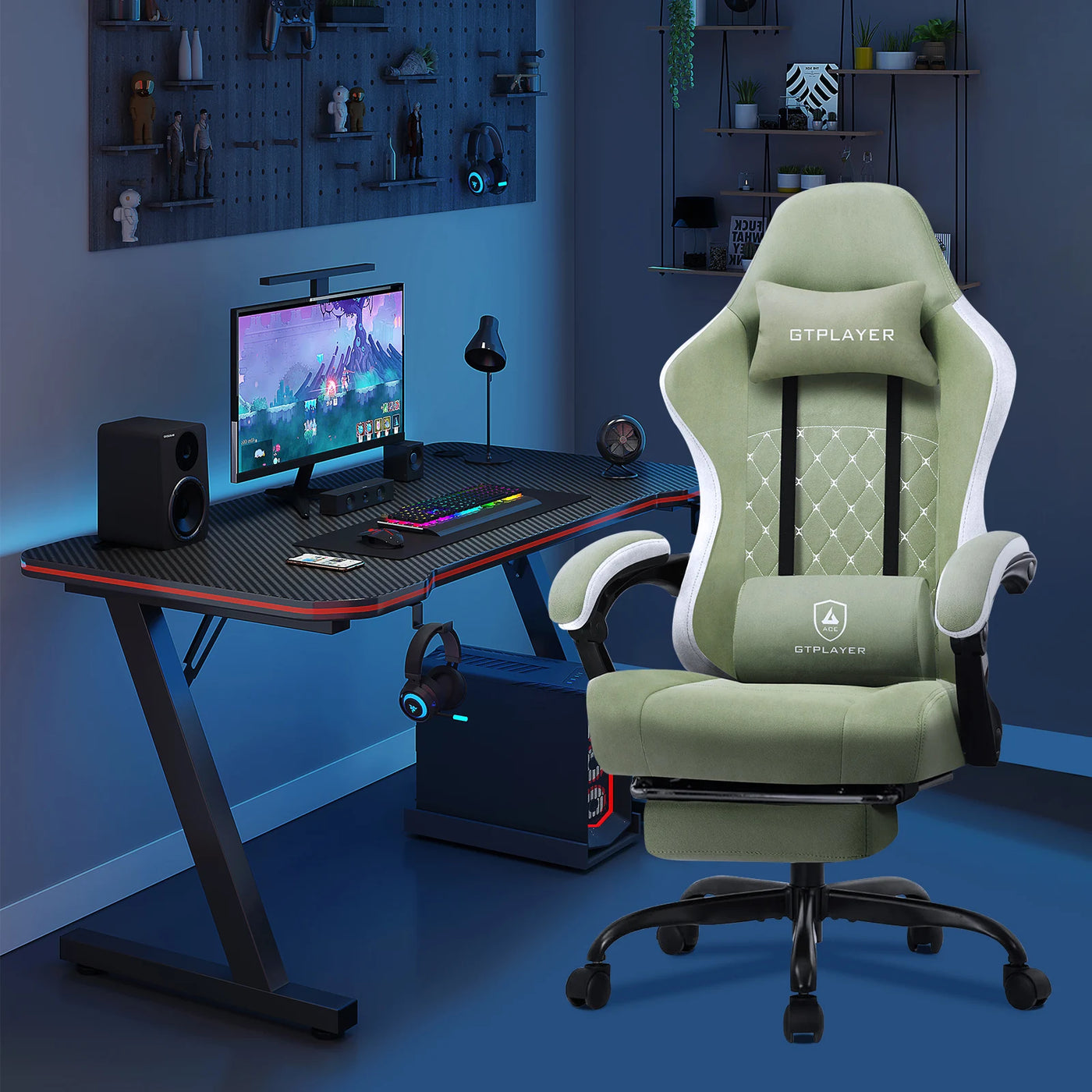 GTPLAYER Fabric Gaming Chair with Footrest, Computer Desk Chair with Pocket Spring Cushion, Home Office Ergonomic Chair