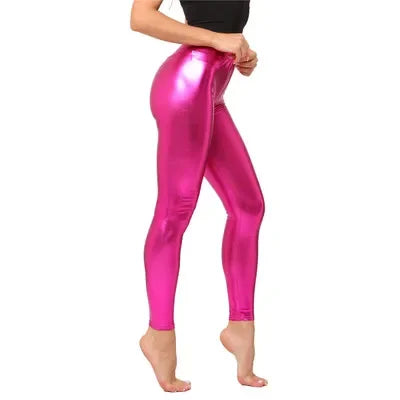 Ladies Silver Metallic Shiny Laser Leather Leggings Women Candy Color