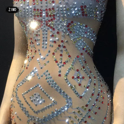 WOMEN Birthday wedding party for women mesh nightclub Singer glitter Rhinestone dress sexy Dance Prom Celebrate designer clothes