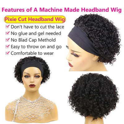 Headband Wig Human Hair Kinky Curly Wig Pixie Cut Wig Human Hair Wigs For Women Human Hair Curly Hair Perruque Cheveux Humain