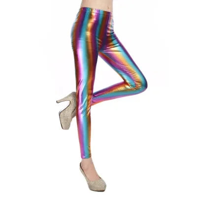 Ladies Silver Metallic Shiny Laser Leather Leggings Women Candy Color
