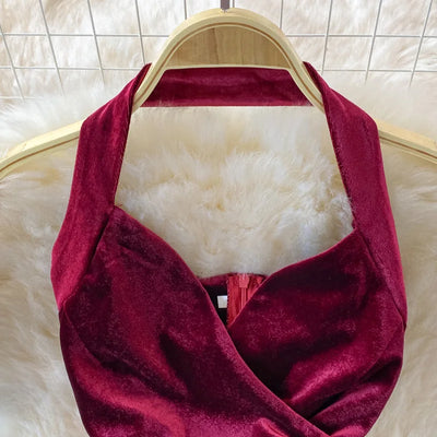 2025 New Wine Red Velvet Dress Women Halter Asymmetric Hem Vintage Gala evening Party Sexy Gown