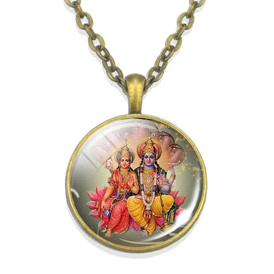Lakshmi Goddess Pattern Bronze Retro Pendant Necklace Hinduism God Ganesh Glass Cabochon Jewelry Necklace Amulet Gift
