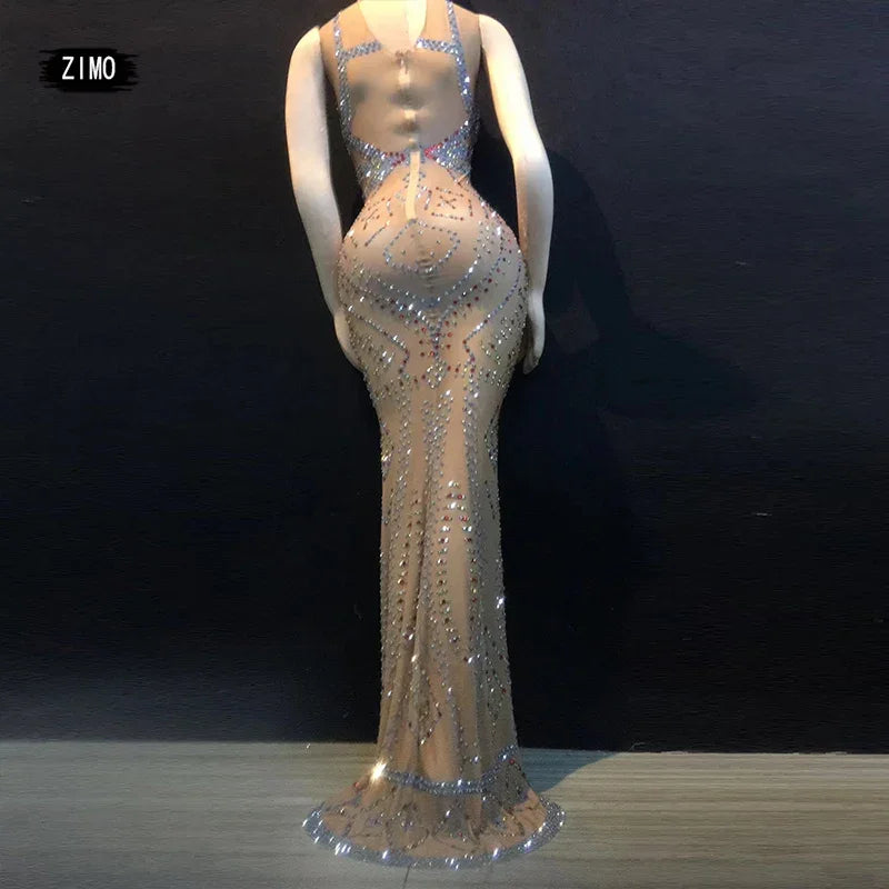 WOMEN Birthday wedding party for women mesh nightclub Singer glitter Rhinestone dress sexy Dance Prom Celebrate designer clothes