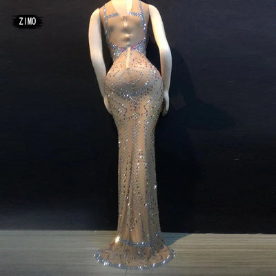 WOMEN Birthday wedding party for women mesh nightclub Singer glitter Rhinestone dress sexy Dance Prom Celebrate designer clothes