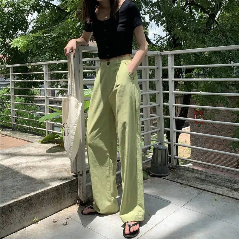 Spring Autumn Women Elegant Long Loose Pants Vintage Lady High Waist Wide Leg Cotton Pants Female Casual Street Pants Bottoms