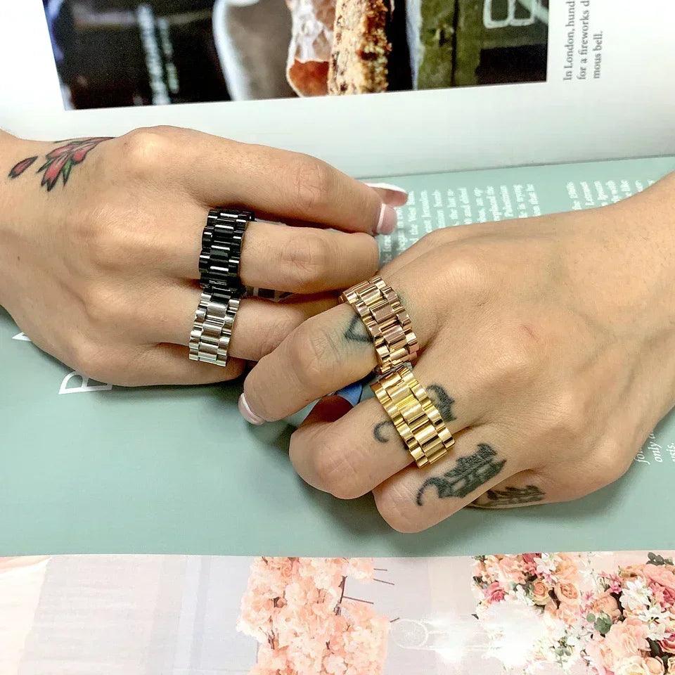 Luxury never fade 18k gold plated bold wide thick ring for women chunky link chain stainless steel strap finger rings