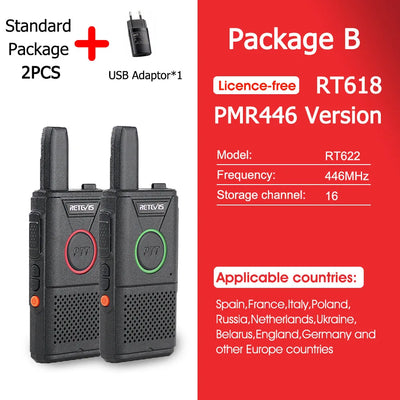 RETEVIS RT618 Mini Walkie Talkie Dual PTT Walkie-talkies 2 pcs PMR 446 Communication Equipment Portable Two-way Radio Cafe Hotel