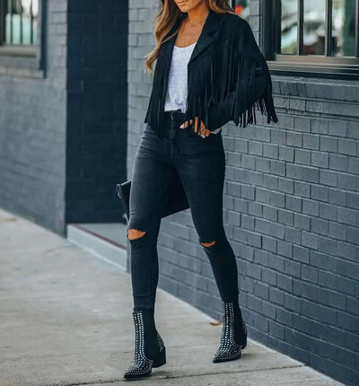 Fringed Bomber Jacket Women Long Sleeve Turn-down Collar