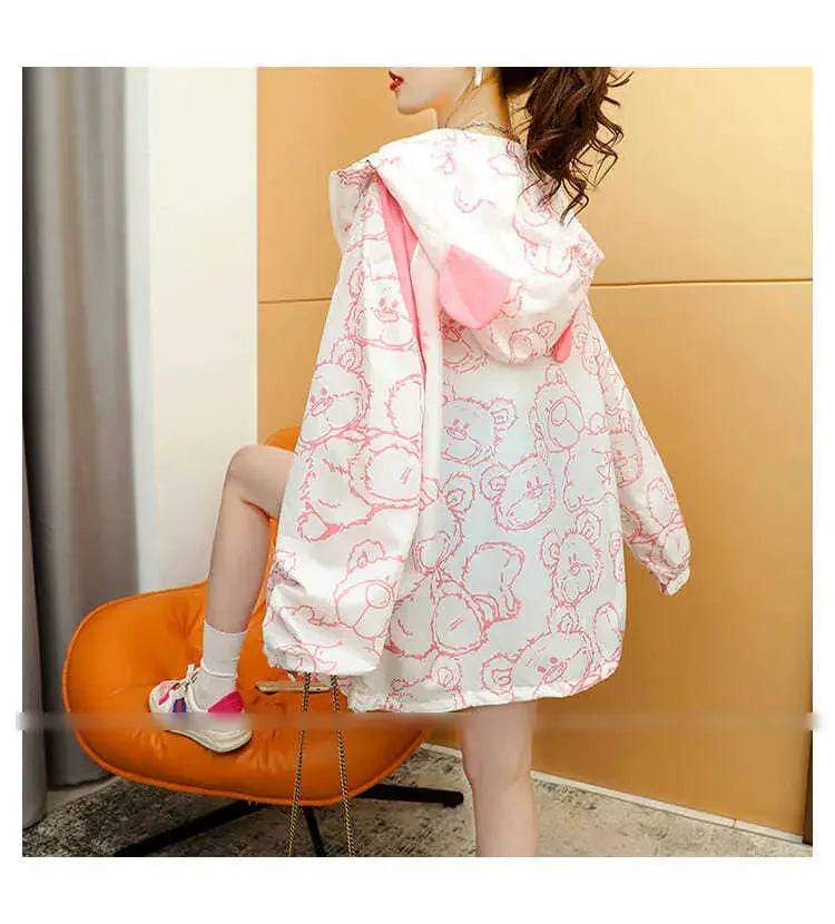 Summer Thin Sunscreen Jacket Women New Kawaii Bear Print Coats Female Casual Korean Loose Zipper Windbreaker