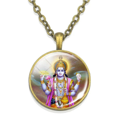 Lakshmi Goddess Pattern Bronze Retro Pendant Necklace Hinduism God Ganesh Glass Cabochon Jewelry Necklace Amulet Gift