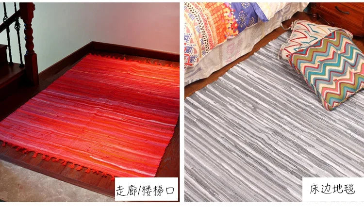 Cotton Cloth Retro Handmade Tassel Rug and Carpet for Home Living Room Tapestry Absorbent Floor Area Mat for Kitchen Boho Decor