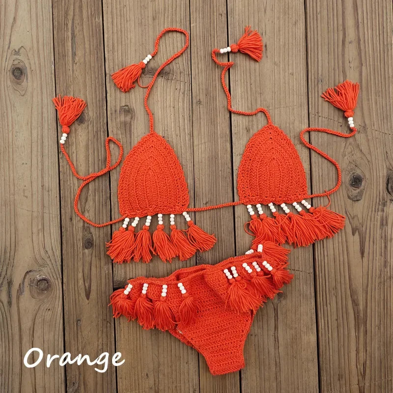 Handmade Crochet Bikini Set Laca Lita and Tassels Bead Women Swimwear Swimsuit