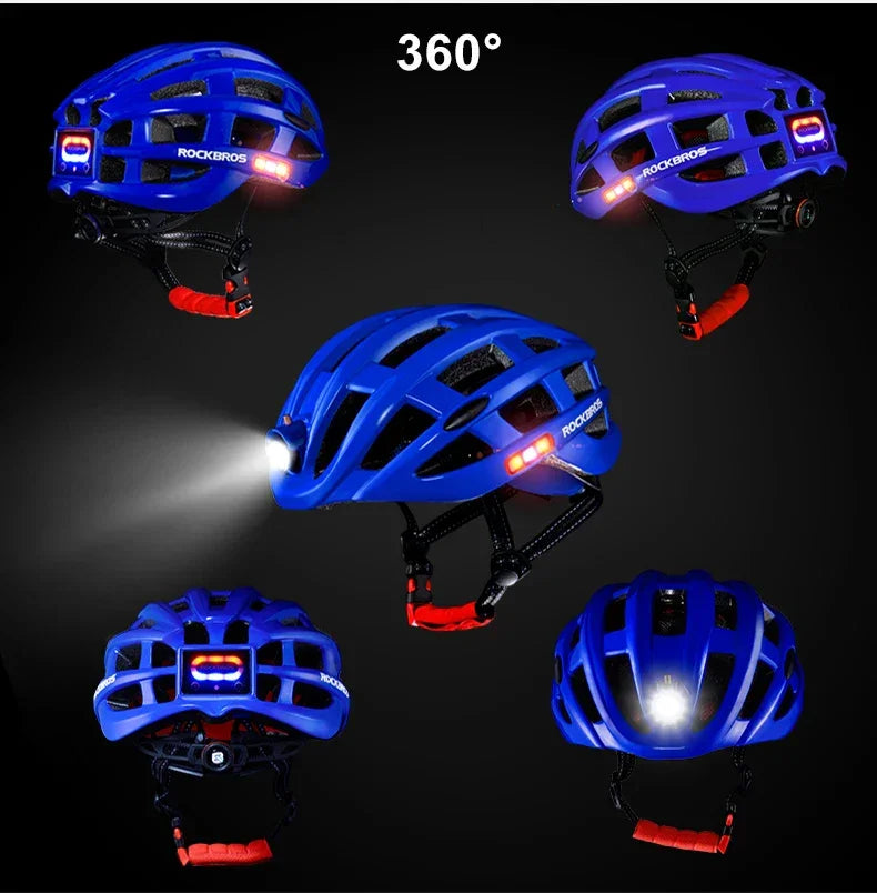 ROCKBROS Bicycle Helmets Ultralight Cycling Helmet Mountain Road Bike Helmet With Glowing Headlight Warning Light Safety Cap