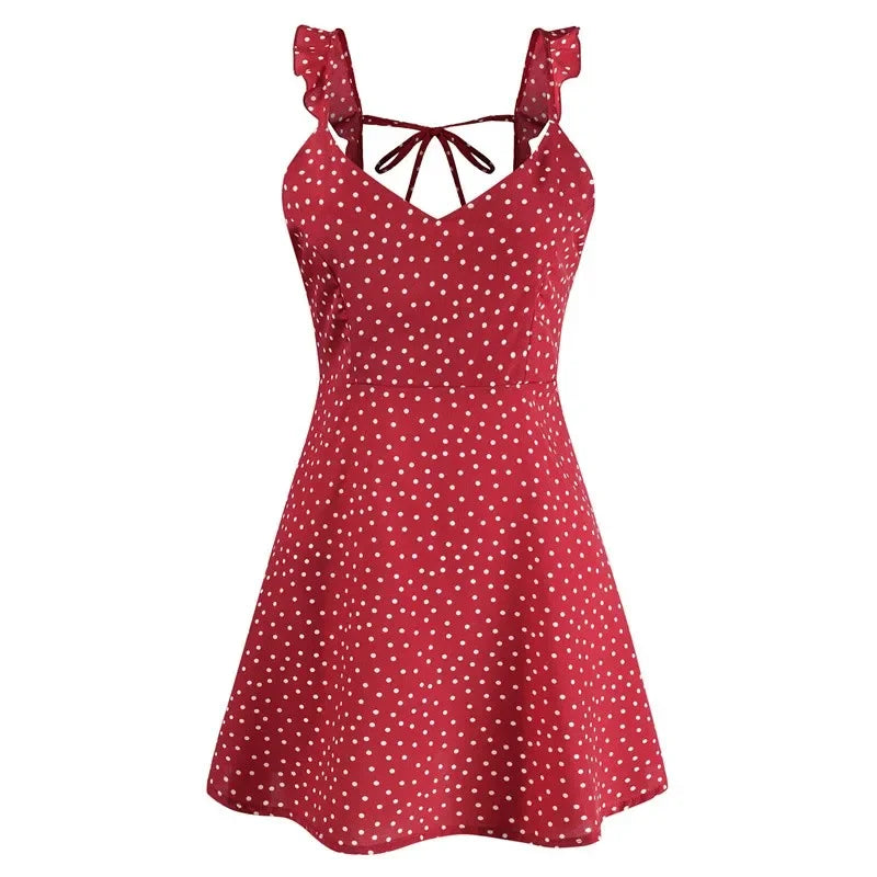 Women Dresses Summer Sexy Dress Ladies High Waist Dot Printing Mini Dresses Vestidos Back Lacing Straps Backless Dress
