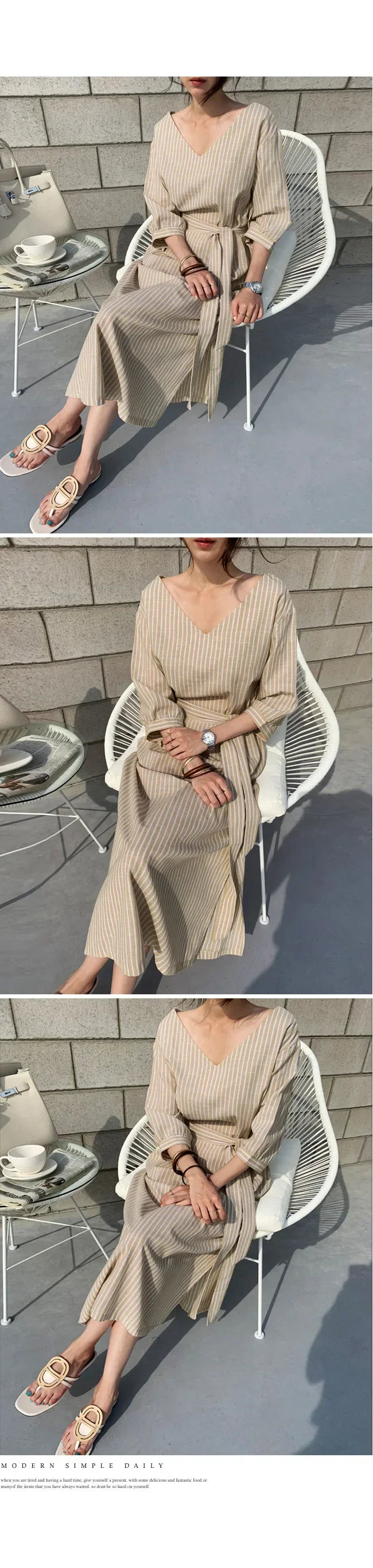 2021 Summer Striped Cotton Linen Long Dress Women Fashion Loose Vestidos Vintage V-neck Half Sleeve Dress for Women Loose