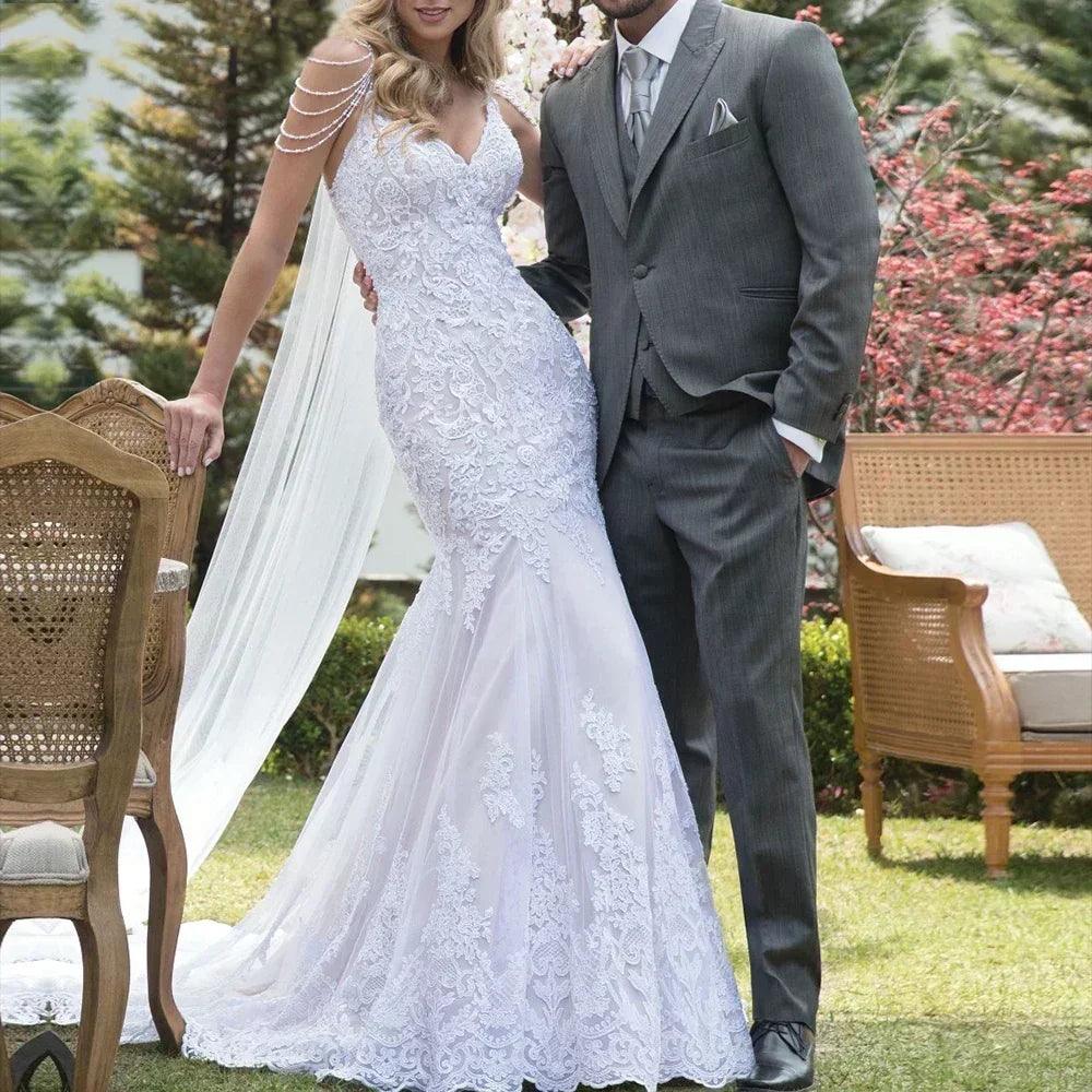 Luxury mermaid wedding dresses v neck lace