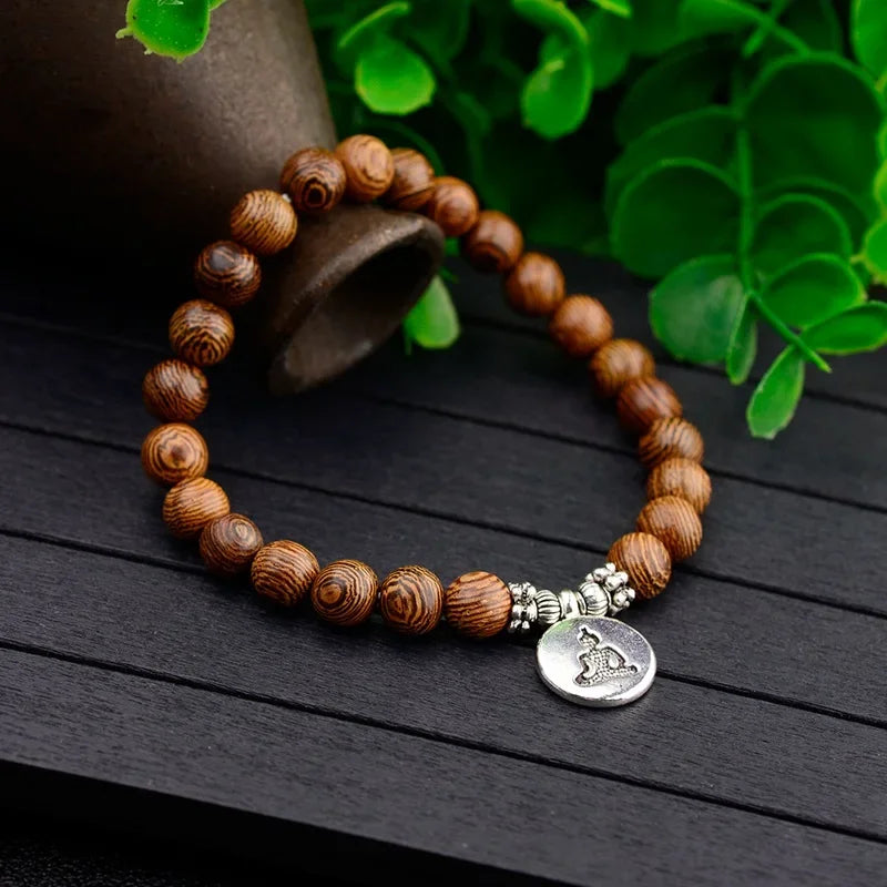 Ethnic Buddhism Lotus Pendant Bracelet Homme Women's Chakra Wood Beaded Bracelet Drop Shipping