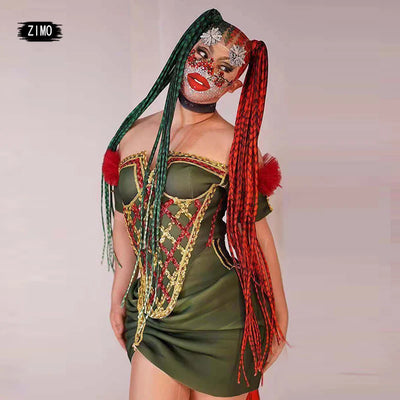 Christmas outfits Red green headwear dress sequin for Women Off Shoulder drag queen Costume with tail performance party stage