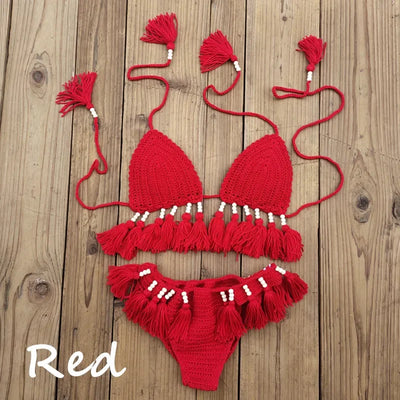 Handmade Crochet Bikini Set Laca Lita and Tassels Bead Women Swimwear Swimsuit