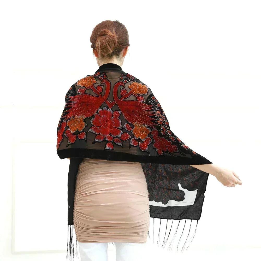 Fashion black peacock velvet scarf women shawl ponchos bandanas