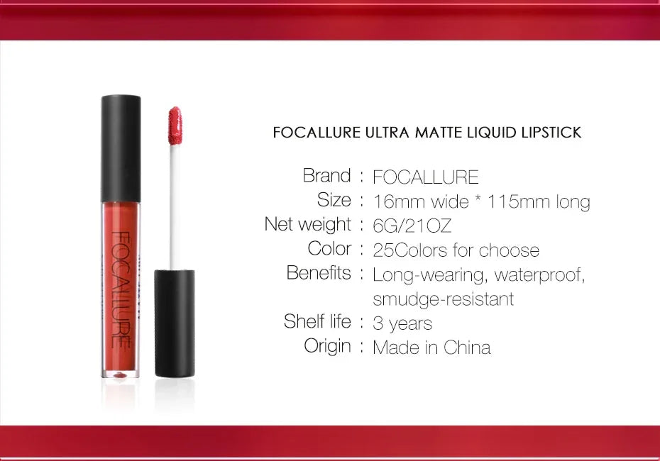 FOCALLURE Matte Liquid Lipstick Waterproof Long-lasting Lightweight Lip Gloss Lips Glaze Lips Tint Makeup for Women's Cosmetics
