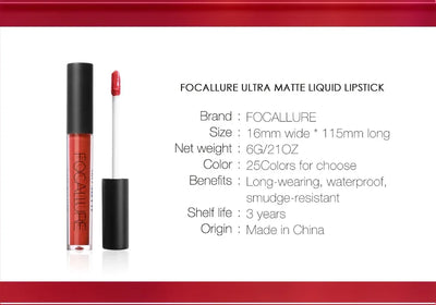 FOCALLURE Matte Liquid Lipstick Waterproof Long-lasting Lightweight Lip Gloss Lips Glaze Lips Tint Makeup for Women's Cosmetics