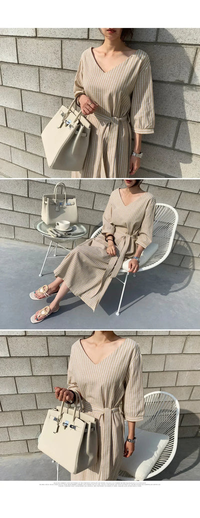 2021 Summer Striped Cotton Linen Long Dress Women Fashion Loose Vestidos Vintage V-neck Half Sleeve Dress for Women Loose