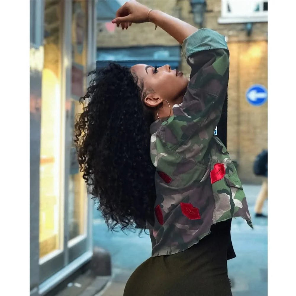 Camouflage Bomber Jacket Women Fashion Single-breasted Long Sleeve