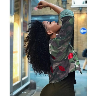 Camouflage Bomber Jacket Women Fashion Single-breasted Long Sleeve