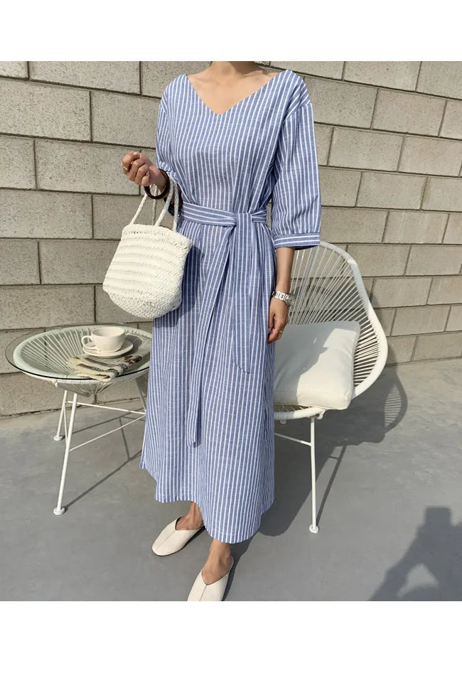 2021 Summer Striped Cotton Linen Long Dress Women Fashion Loose Vestidos Vintage V-neck Half Sleeve Dress for Women Loose