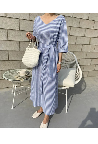 2021 Summer Striped Cotton Linen Long Dress Women Fashion Loose Vestidos Vintage V-neck Half Sleeve Dress for Women Loose