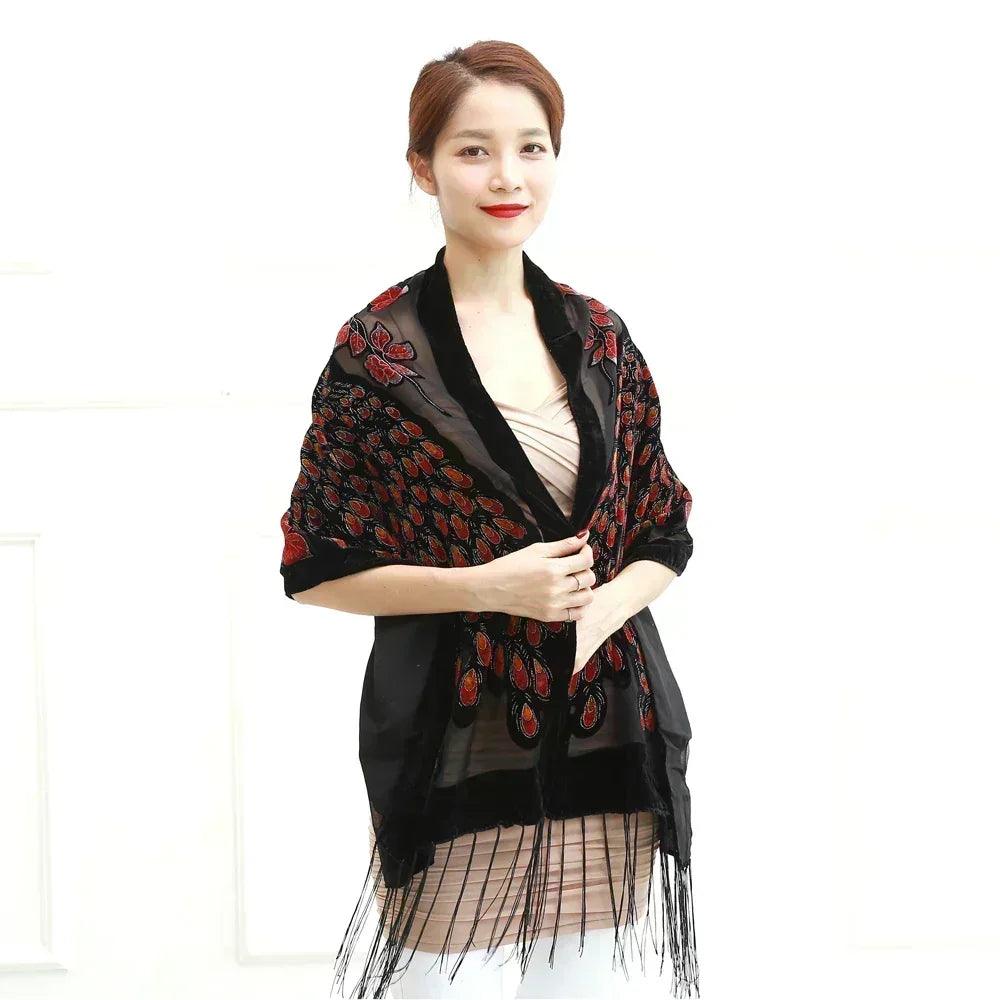 Fashion black peacock velvet scarf women shawl ponchos bandanas