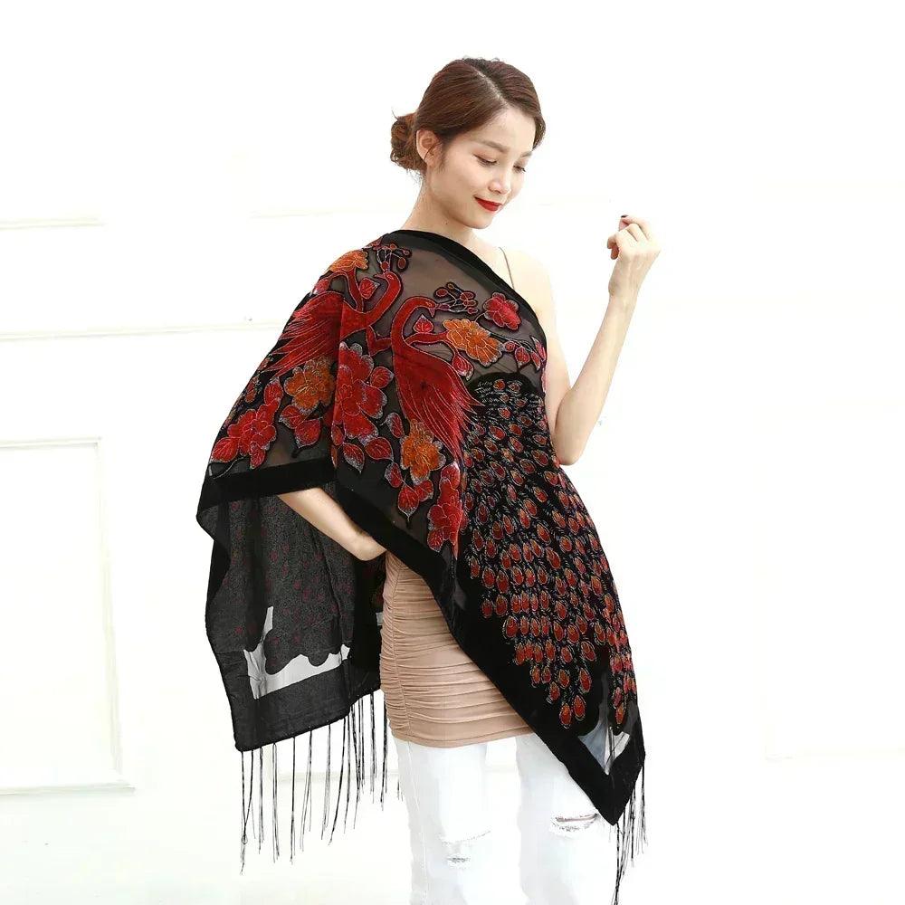 Fashion black peacock velvet scarf women shawl ponchos bandanas