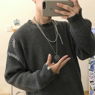 Half Turtleneck Sweater Men's Streetwear Wash Destroyed Sweater Hip Hop Tassels Ripped Knit Sweaters Oversize Pullovers Autumn