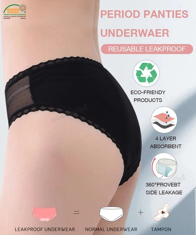 Bamboo Menstrual Panties for Women 4 Layer Absorbent Period Underwear Lace Bikini Leak Proof Culotte Menstruelle