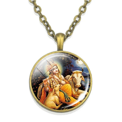 Lakshmi Goddess Pattern Bronze Retro Pendant Necklace Hinduism God Ganesh Glass Cabochon Jewelry Necklace Amulet Gift