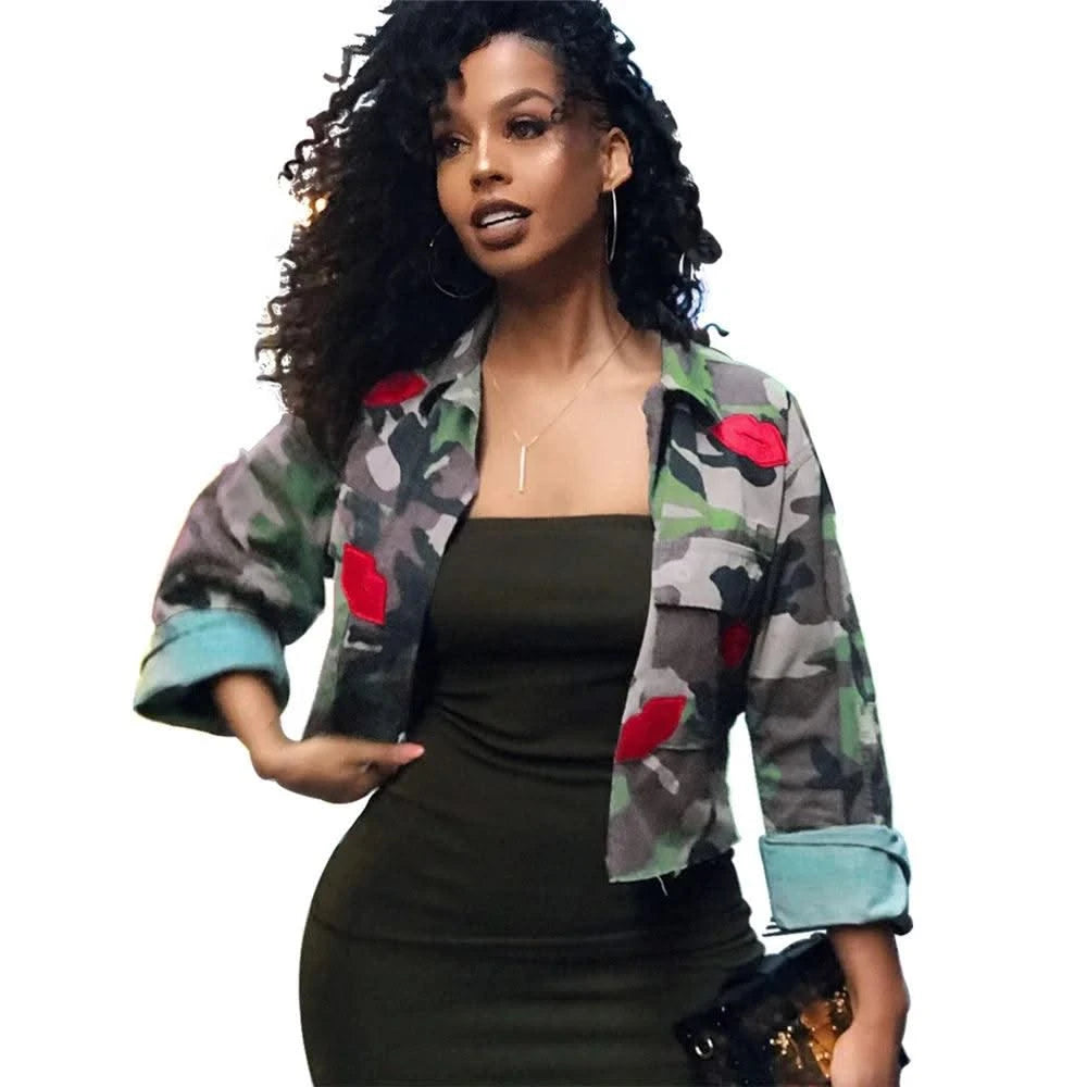 Camouflage Bomber Jacket Women Fashion Single-breasted Long Sleeve