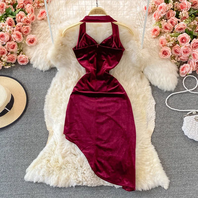 2025 New Wine Red Velvet Dress Women Halter Asymmetric Hem Vintage Gala evening Party Sexy Gown