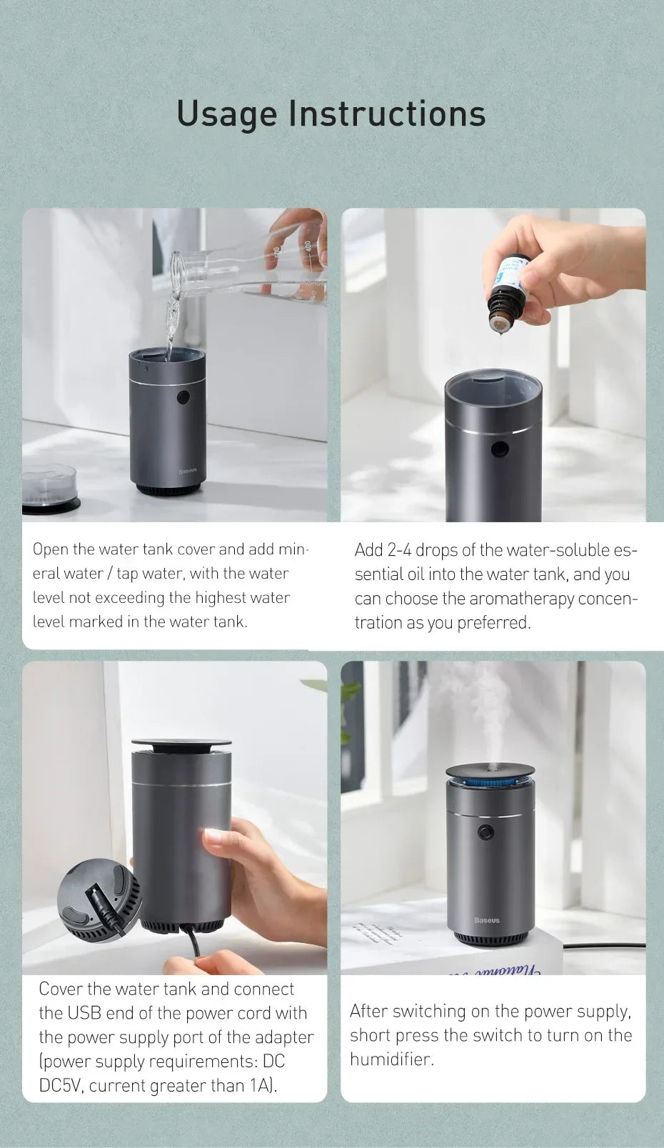 Baseus Car Diffuser Humidifier Auto Air Purifier Aromo Air Freshener with LED Light For Car Aroma Aromatherapy Diffuser