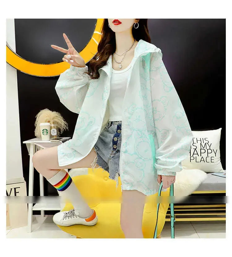 Summer Thin Sunscreen Jacket Women New Kawaii Bear Print Coats Female Casual Korean Loose Zipper Windbreaker