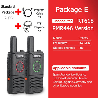 RETEVIS RT618 Mini Walkie Talkie Dual PTT Walkie-talkies 2 pcs PMR 446 Communication Equipment Portable Two-way Radio Cafe Hotel