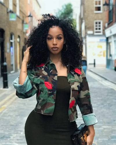 Camouflage Bomber Jacket Women Fashion Single-breasted Long Sleeve