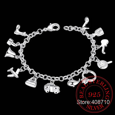 Pretty Bracelets 925 Sterling Silver AAA Zircon Crystal Bracelets 12 Pendants Charms Bangles For Woman New Fine Jewelry